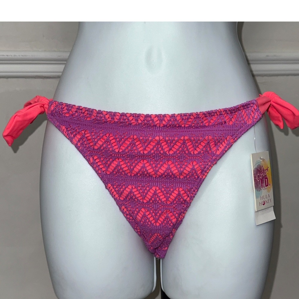 Hula Honey Color ID Crochet Bikini Bottom Purple Coral Pink Side Tie NWT Size M